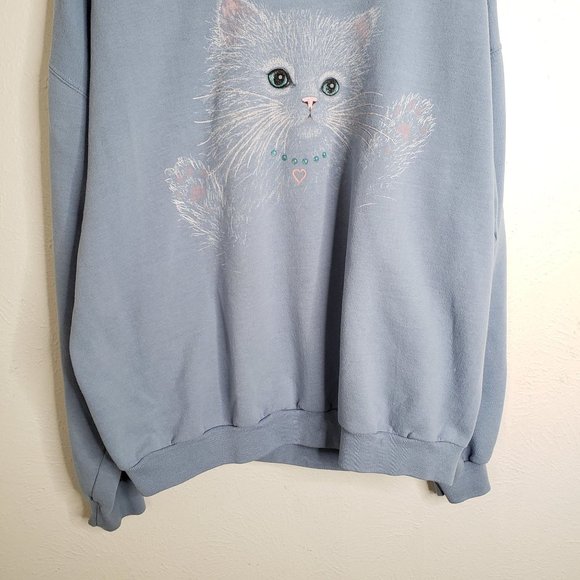 Vintage Sparkly Cat Graphic Sweater Baby Blue White Trim Pull Over Sweatshirt XL - Picture 4 of 12